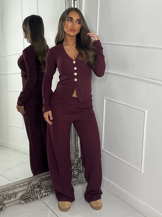 Long Sleeve Vneck Gold Button Pants Co-Ord - Wine