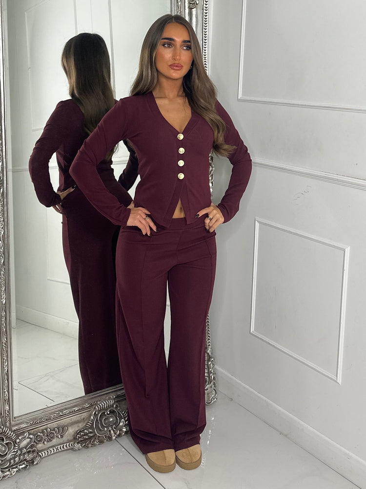 Long Sleeve Vneck Gold Button Pants Co-Ord - Wine