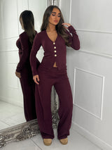 Long Sleeve Vneck Gold Button Pants Co-Ord - Wine