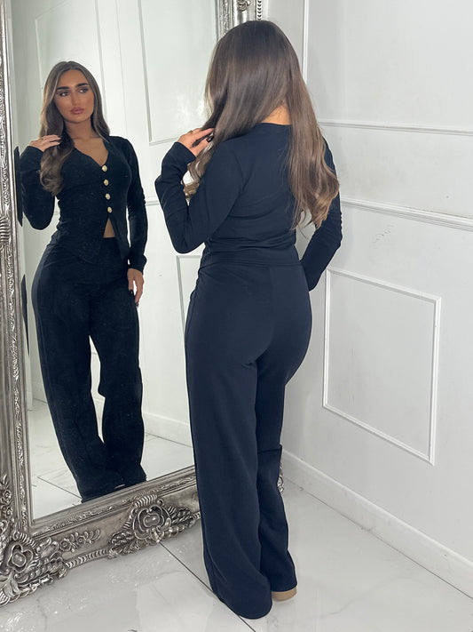 Long Sleeve Vneck Gold Button Pants Co-Ord - Black