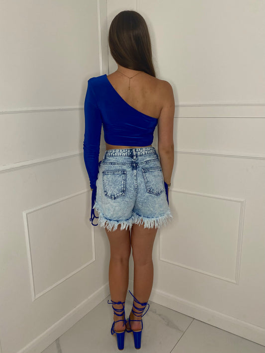 Lace Up String Denim Shorts - Blue/Royal Blue
