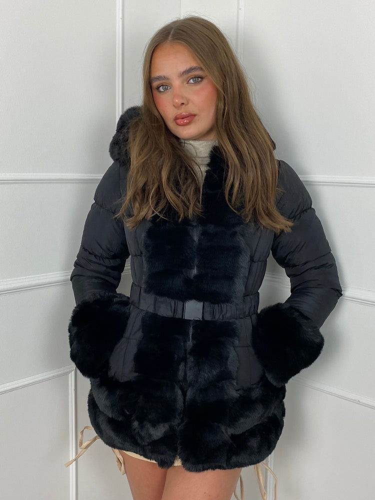 Fur Trim Seatbelt Buckle Coat- Black