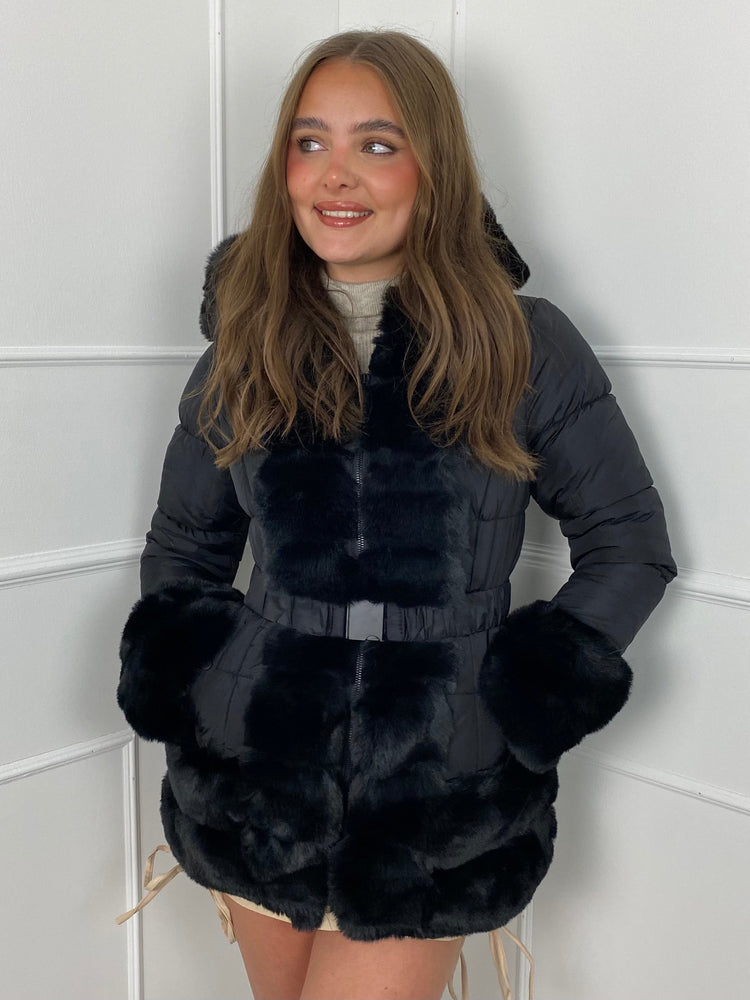 Fur Trim Seatbelt Buckle Coat- Black