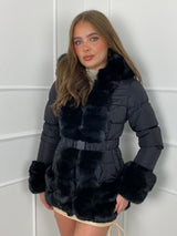 Fur Trim Seatbelt Buckle Coat- Black