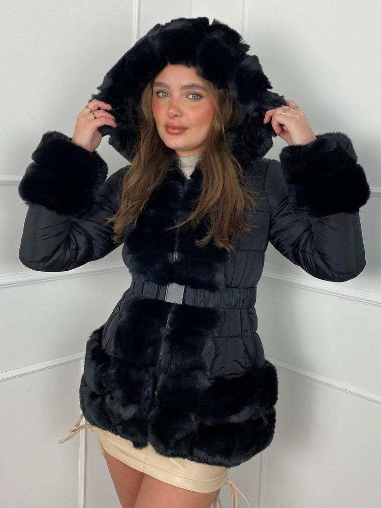 Fur Trim Seatbelt Buckle Coat- Black