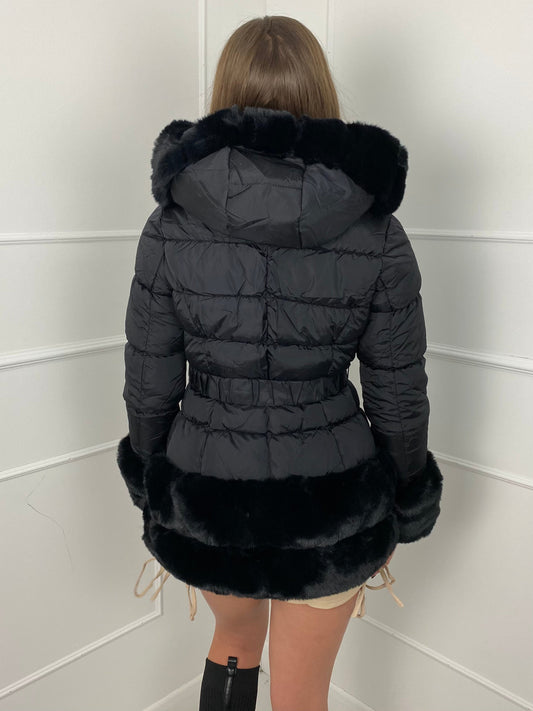 Fur Trim Seatbelt Buckle Coat- Black