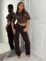 Asymmetric Waist Detail Wide Leg Jeans - Brown