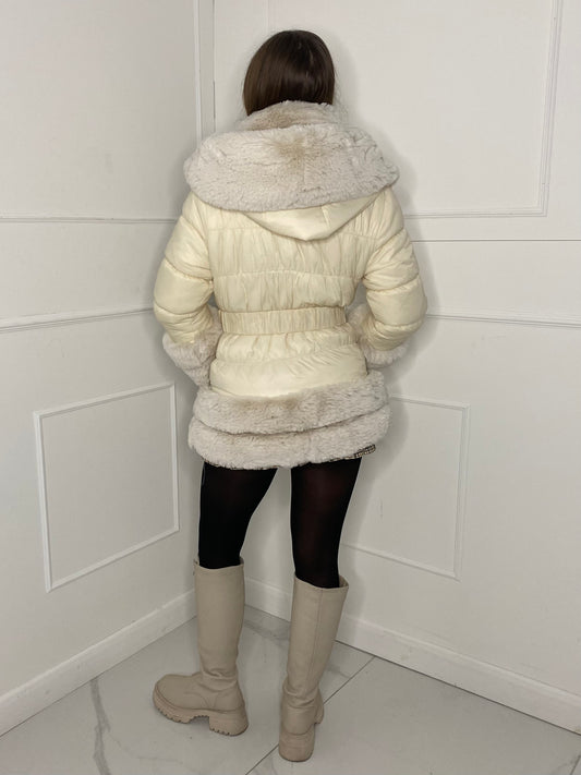 Fur Trim Seatbelt Buckle Coat- Cream