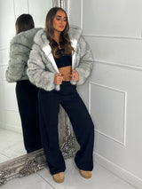 Hooded 2 Toned Faux Fur Tiered Jacket - White/Grey