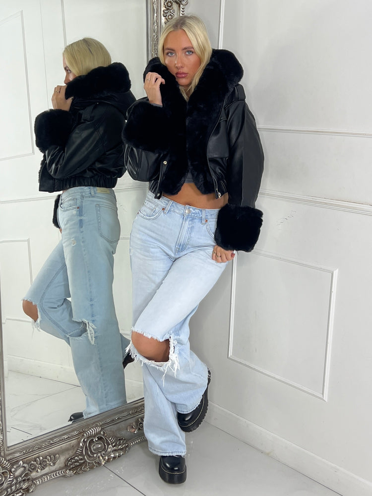 Faux Fur Cuff & Pocket Detail Pu Contrast Jacket - Black