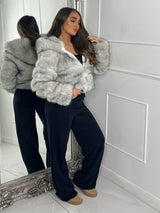 Hooded 2 Toned Faux Fur Tiered Jacket - White/Grey
