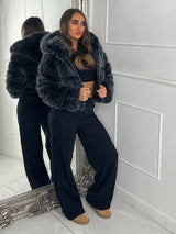 Hooded 2 Toned Faux Fur Tiered Jacket - Black/Grey
