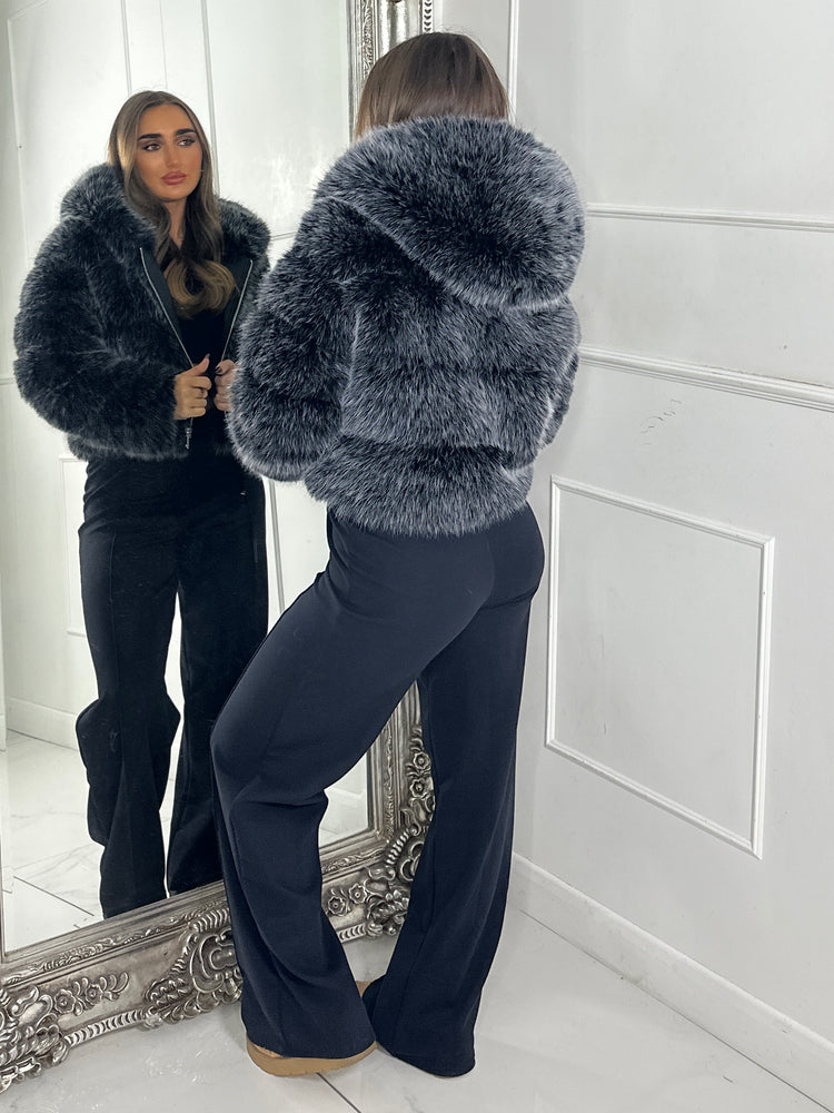 Hooded 2 Toned Faux Fur Tiered Jacket - Black/Grey