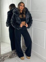 Hooded 2 Toned Faux Fur Tiered Jacket - Black/Grey