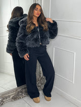 Hooded 2 Toned Faux Fur Tiered Jacket - Black/Grey