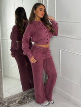 Hooded Button Up Cropped Acidwash Tracksuit - Wine