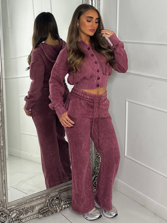 Hooded Button Up Cropped Acidwash Tracksuit - Wine