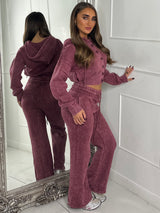 Hooded Button Up Cropped Acidwash Tracksuit - Wine