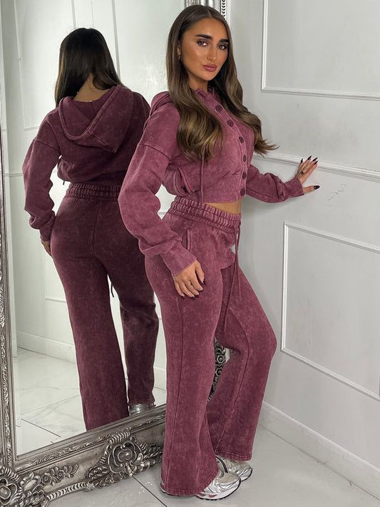Hooded Button Up Cropped Acidwash Tracksuit - Wine