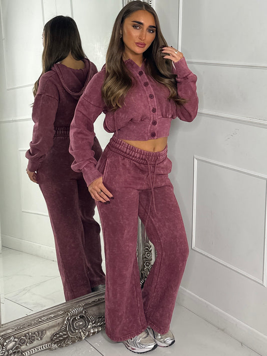 Hooded Button Up Cropped Acidwash Tracksuit - Wine