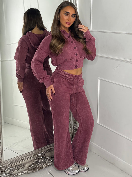 Hooded Button Up Cropped Acidwash Tracksuit - Wine