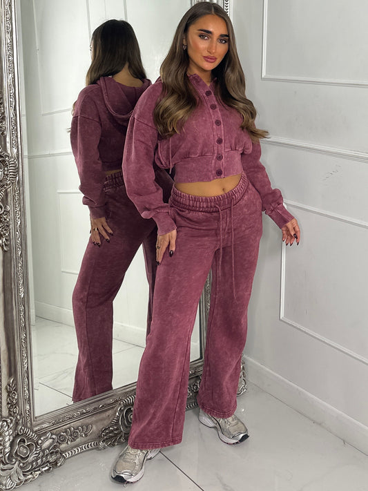 Hooded Button Up Cropped Acidwash Tracksuit - Wine
