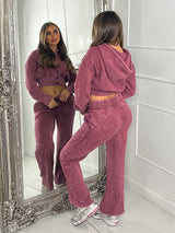 Hooded Button Up Cropped Acidwash Tracksuit - Wine