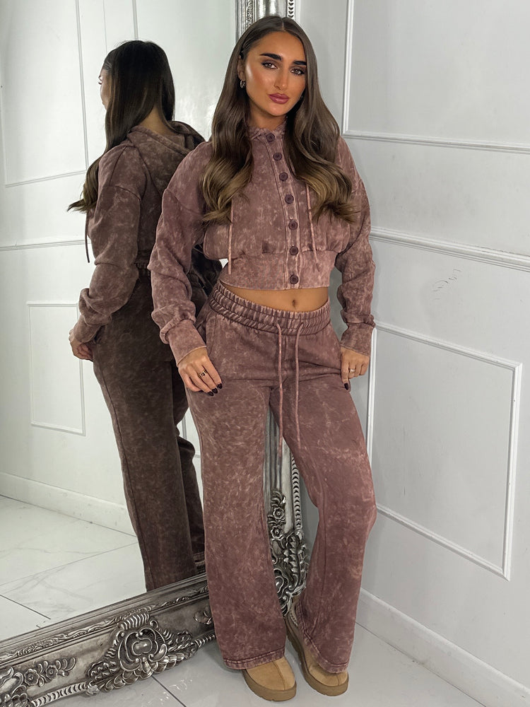Hooded Button Up Cropped Acidwash Tracksuit - Brown