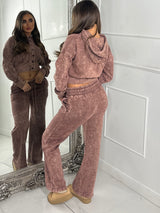 Hooded Button Up Cropped Acidwash Tracksuit - Brown