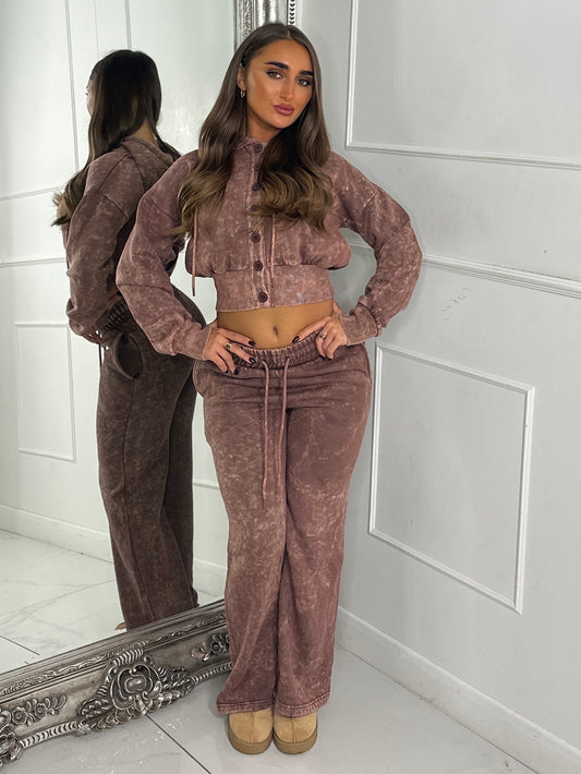 Hooded Button Up Cropped Acidwash Tracksuit - Brown