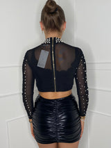 Pearl Detail High Neck Crop Top - Black