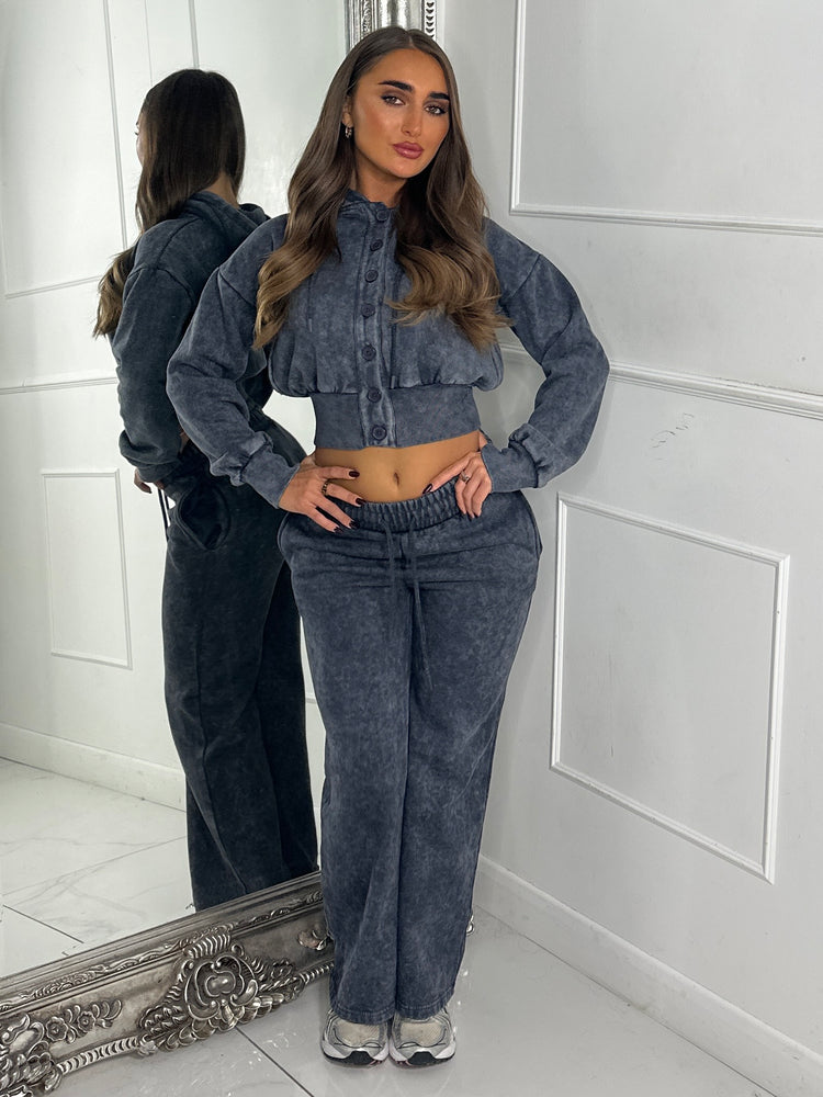 Hooded Button Up Cropped Acidwash Tracksuit - Charcoal