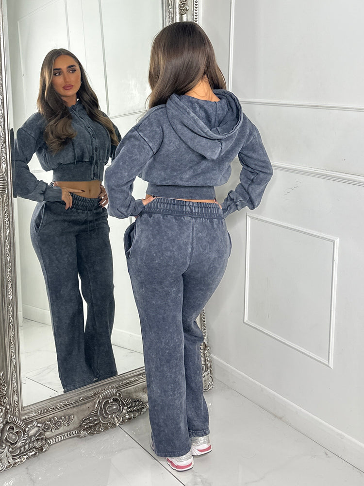 Hooded Button Up Cropped Acidwash Tracksuit - Charcoal