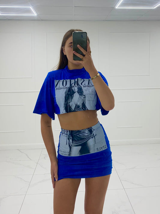 Cropped T-shirt Co-ord- Royal Blue Fashion Print