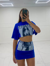 Cropped T-shirt Co-ord- Royal Blue Fashion Print