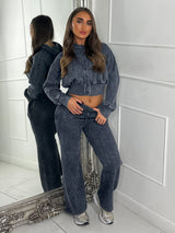 Hooded Button Up Cropped Acidwash Tracksuit - Charcoal