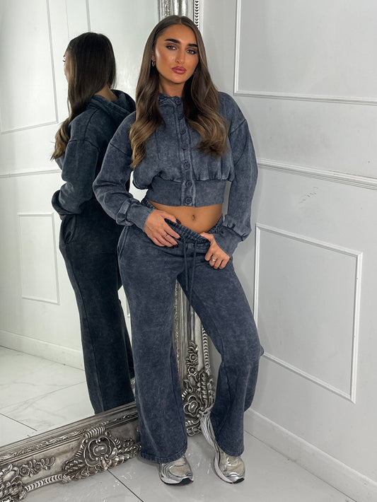 Hooded Button Up Cropped Acidwash Tracksuit - Charcoal