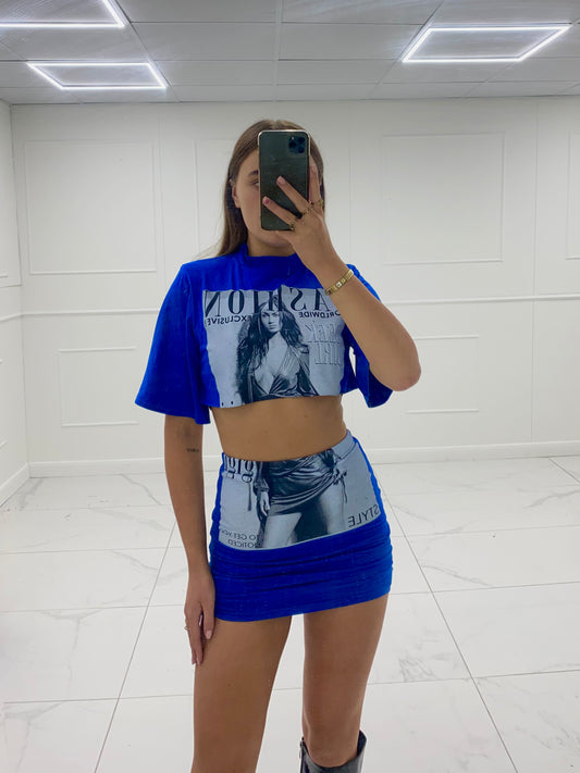 Cropped T-shirt Co-ord- Royal Blue Fashion Print