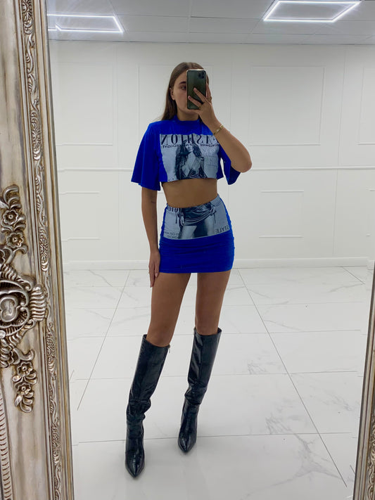 Cropped T-shirt Co-ord- Royal Blue Fashion Print