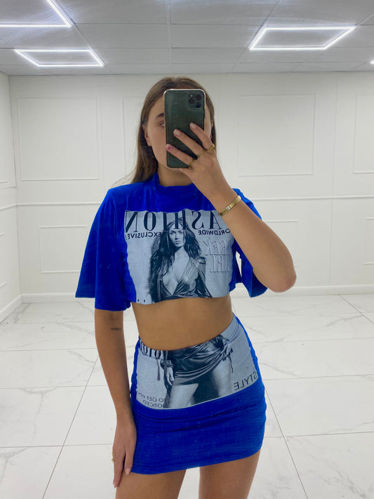 Cropped T-shirt Co-ord- Royal Blue Fashion Print