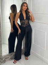 Halterneck Lace Waist Wide Leg Jumpsuit - Black