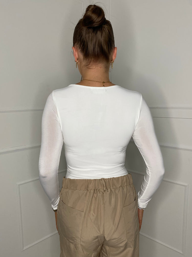 Round Neck Long Sleeve Bodysuit - White