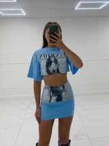 Cropped T-shirt Co-ord- Baby Blue Fashion Print