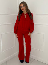Tie Front Collar Detail Flared Set - Red Quilted