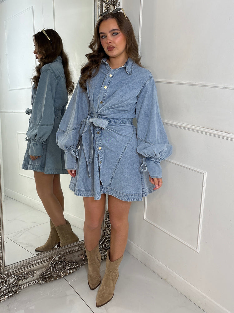 Denim Collared Frill Detail Tie Belt Dress