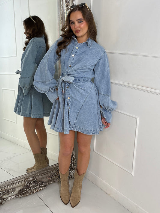 Denim Collared Frill Detail Tie Belt Dress