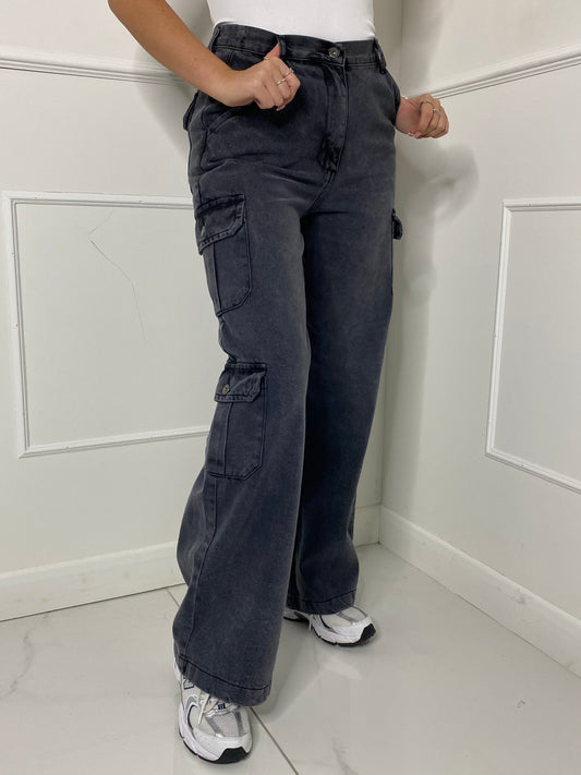 Wide Leg Pocket Jeans - Charcoal Grey