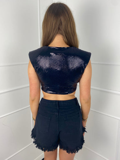 Sequin Sleeveless Shoulder Pad Crop Top- Black - Main Image