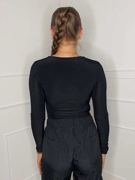 Round Neck Long Sleeve Bodysuit - Black