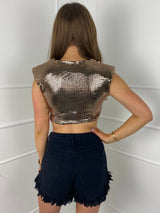 Sequin Sleeveless Shoulder Pad Crop Top- Gold